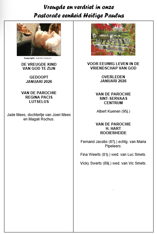 Vreugde en verdriet in onze Pastorale eenheid H. Paulus januari 2026 