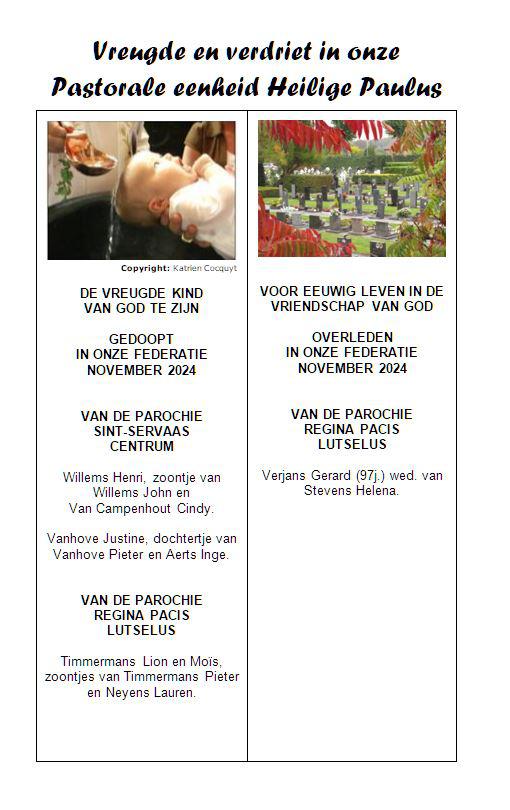 Vreugde en verdriet in onze Pastorale eenheid H. Paulus november 2024 