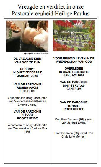 Vreugde en verdriet in onze Pastorale eenheid H. Paulus januari 2024 