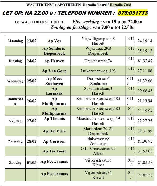 Wachtdienst apothekers 23-02-2026 tot 01-03-2026 