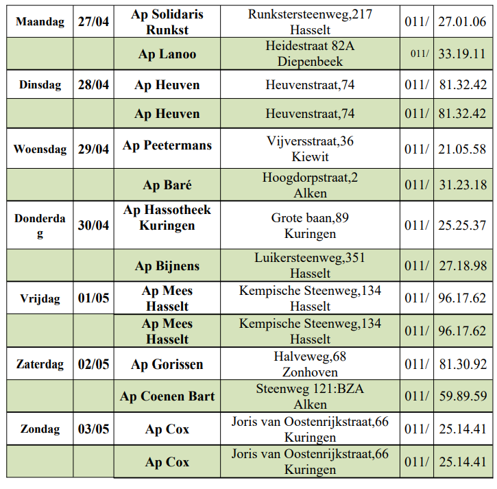 Wachtdienst apothekers van 27-04-2026 tot en met 3-05-2026 