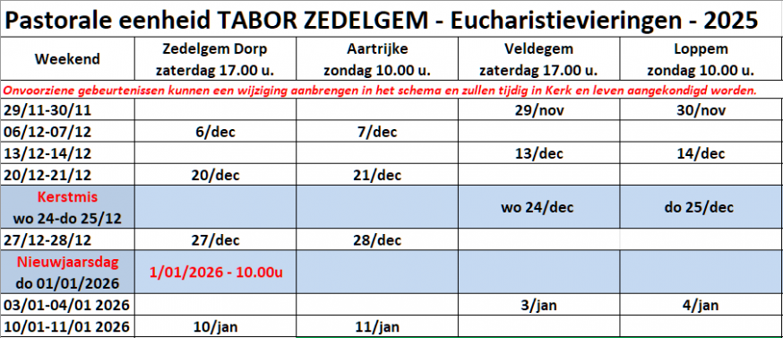 Overzicht weekendvieringen Advent 2025 