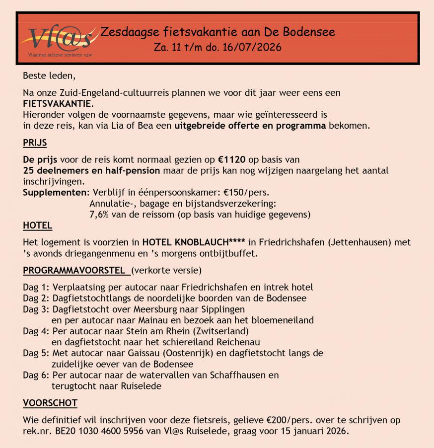 Vlas fietsvakantie 2026 