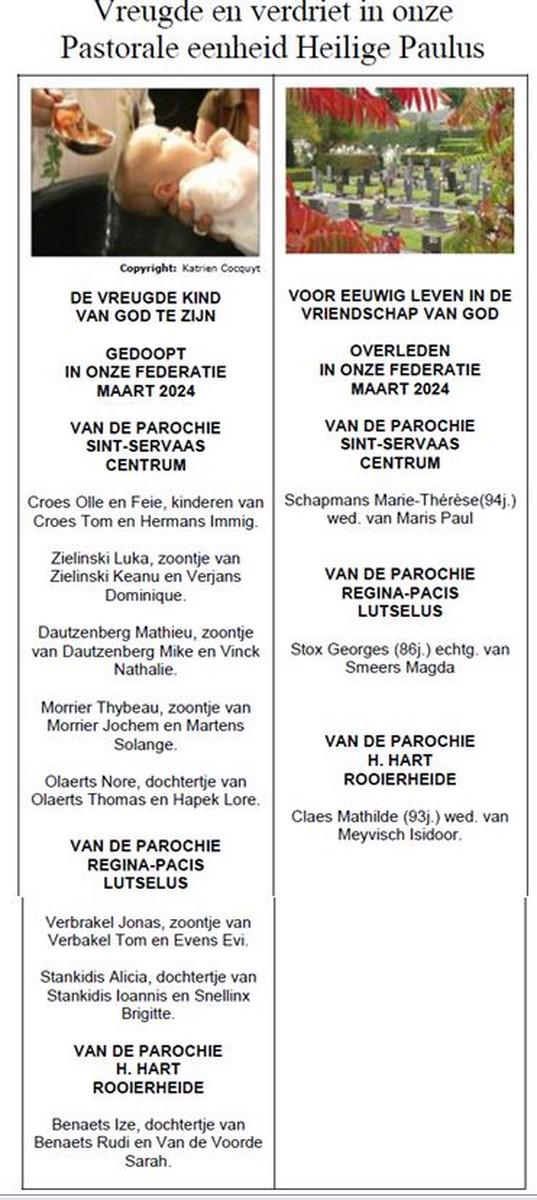 Vreugde en verdriet in onze Pastorale eenheid H. Paulus maart 2024 