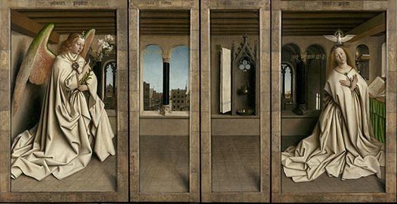 Het paneel van de aankondiging op de buitenluiken © Sint-Baafskathedraal - www.artinflanders.be Het paneel van de aankondiging op de buitenluiken © Sint-Baafskathedraal - www.artinflanders.be