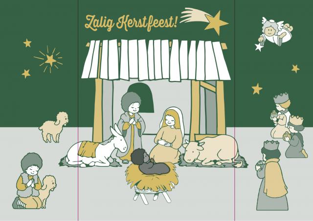 De rode strepen zijn niet zichtbaar. Hier plooi je de kerststal. © Nieuwe Families Focolare