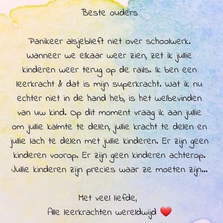 Brief van een leerkracht aan ouders in lockdown: 'Blijf kalm en deel je superkracht.' Brief van een leerkracht aan ouders in lockdown: 'Blijf kalm en deel je superkracht.'