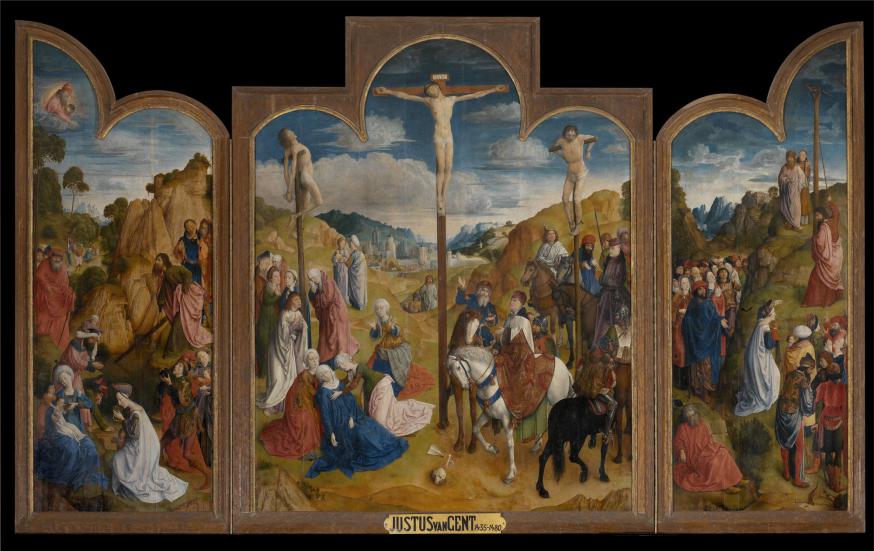 Calvarietriptiek Justus van Gent © Sint-Baafskathedraal Gent, www.lukasweb.be – Art in Flanders, foto Hugo Maertens' Calvarietriptiek Justus van Gent © Sint-Baafskathedraal Gent, www.lukasweb.be – Art in Flanders, foto Hugo Maertens'