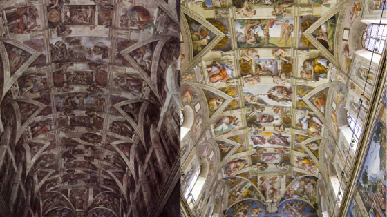 Het plafond van de kapel voor en na de restauratie. © Wikimedia