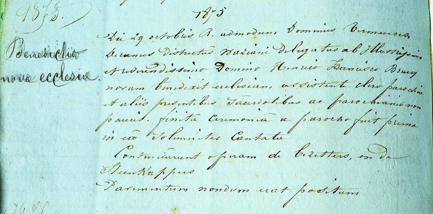 Pastoor Stocquaert geeft melding in het Liber Memoralis over de "eerste misviering" in de St.-Egidiuskerk. 