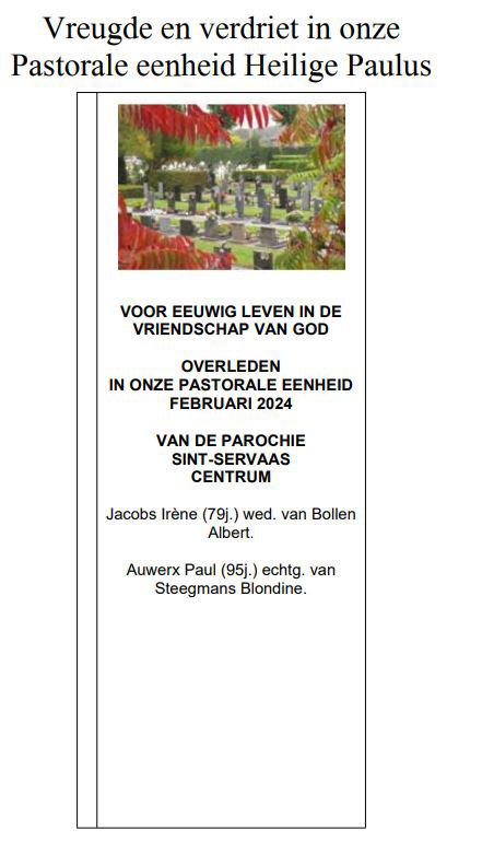 Vreugde en verdriet in onze Pastorale eenheid H. Paulus februari 2024 