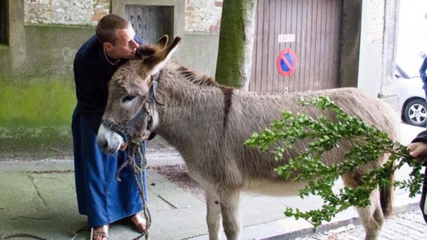 Een broeder van Tiberiade doet aan verkondiging in gezelschap van zijn ezel. © Koen Van den Bossche
