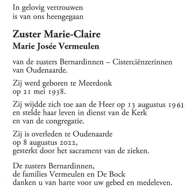 gedachtenisprentje zr Marie-Claire © zrs Bernardinnen