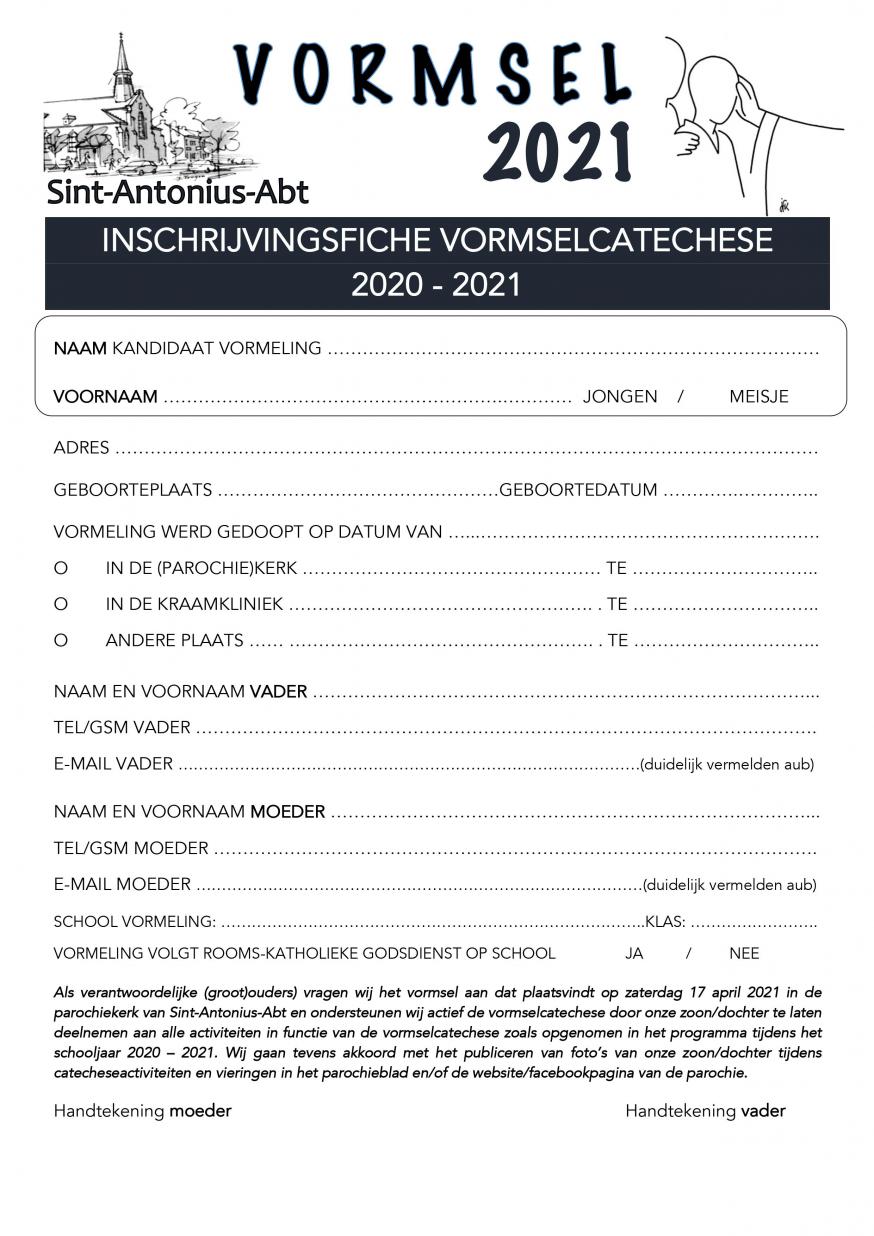 inschrijvingsfiche Vormsel 2020 2021 