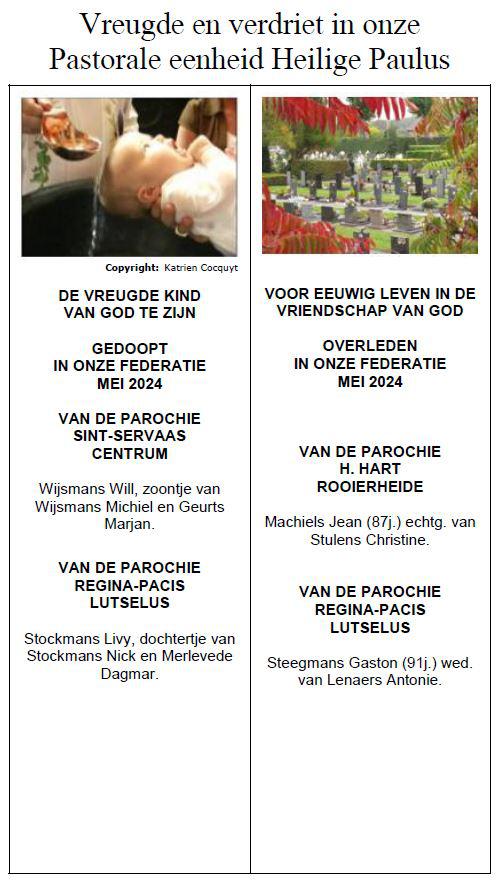 Vreugde en verdriet in onze Pastorale eenheid H. Paulus mei 2024 