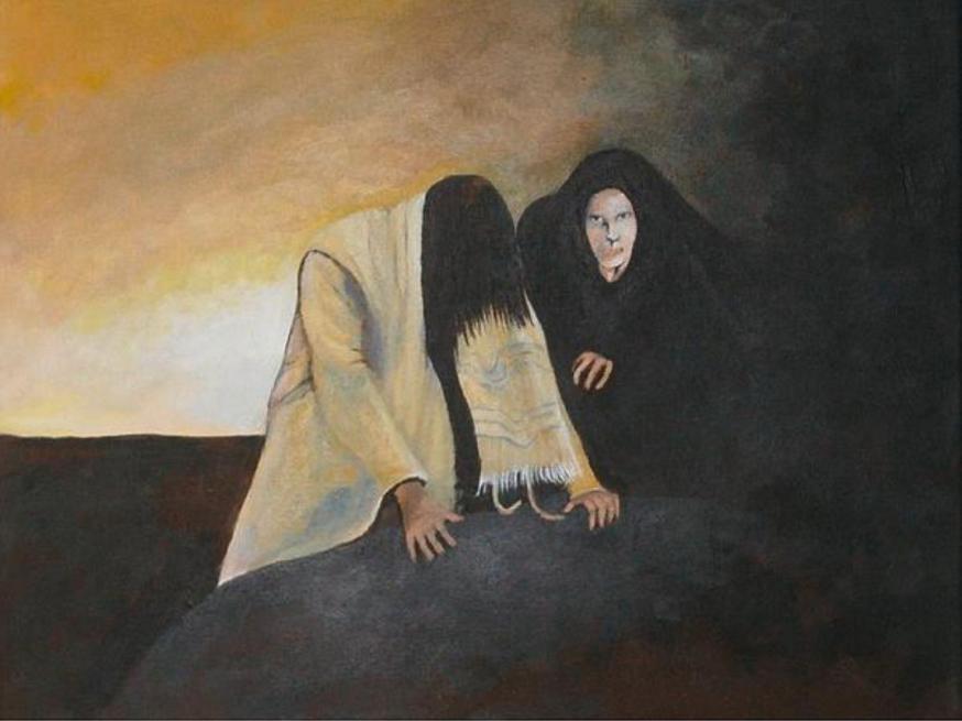 schilderij van Rosetta Jallow (1953)  Er is een spanning op tussen licht en donker. Jezus is wit gekleed, de persoon die bekoort, is donker gekleed. De achtergrond van Jezus is licht. De achtergrond van wie bekoort, is donker. Wie bekoort heeft een wit ge 