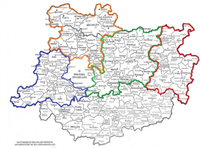 Zo zal de nieuwe werkindeling van het vicariaat Vlaams-Brabant en Mechelen er vanaf 1 september uitzien: vier regio’s, met elk een regioploeg. 