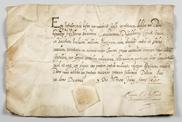 Het authenticiteitsattest uit 1620. Kathedraalarchief Mechelen. © Stephan Dewickere/Provincie Antwerpen