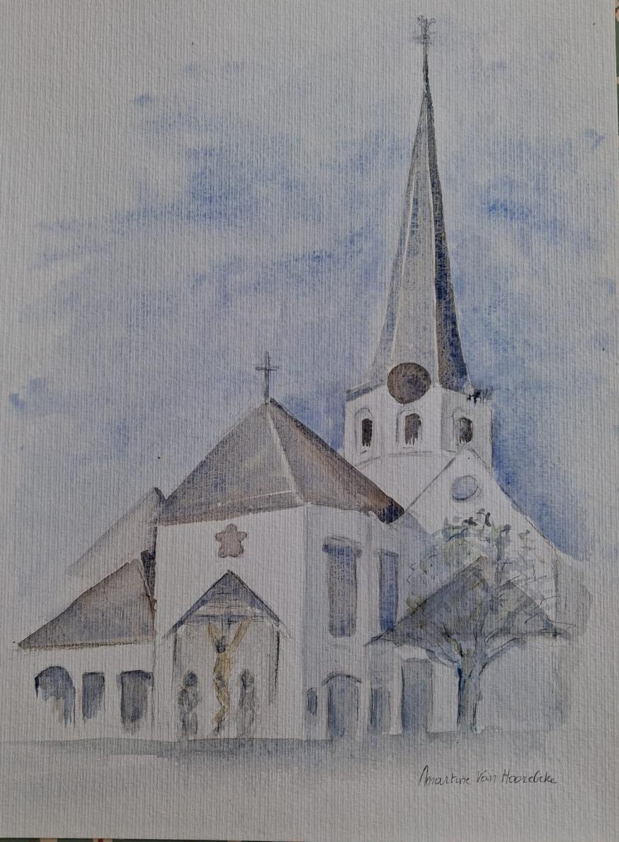Aquarel kerk Sleidinge © Martine Van Hoorebeke