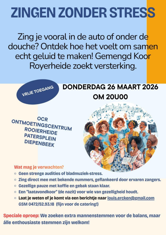 Zanghappening donderdag 26 maart 2026  om 20 u  in het OCR 