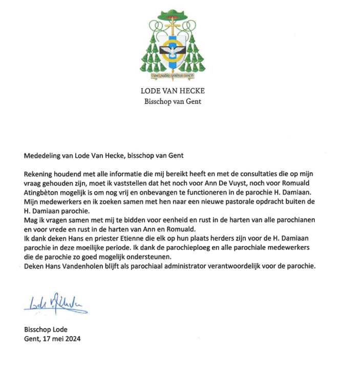 Mededeling van Lode Van Hecke, bisschop van Gent - 17 mei 2024 