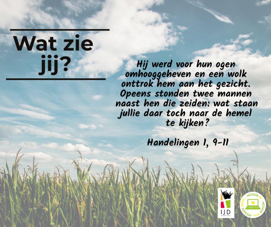 Mission 17: Morgen is het Hemelvaart en trekt Jezus definitief naar zijn geliefde Vader. Wat zie jij, als je in het gras ligt en naar boven kijkt? © IJD Brugge