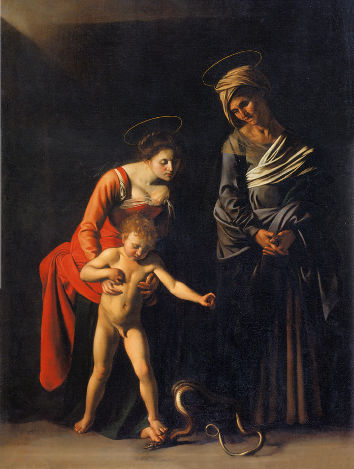 Schilderij van Caravaggio. Maria vertrapt samen met Jezus de slang die symbool staat voor de erfzonde. Naast haar ook de H. Anna, de moeder van Maria. © Wikicommons