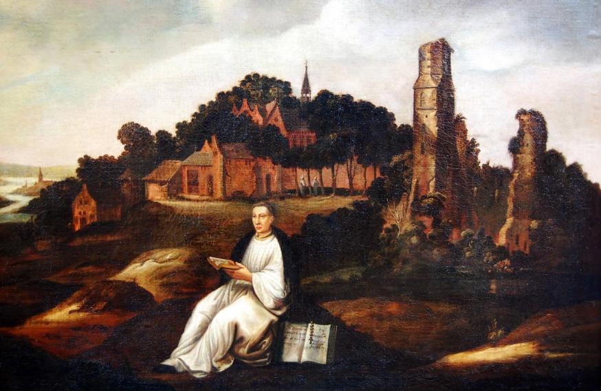 Thomas a Kempis op de Agnietenberg. In het boek staan de woorden: "In omnibus requiem quaesivi et nusquam inveni [nisi in angulo cum libro] behalve in een hoek met een boek."  © foto door Bert Pierik