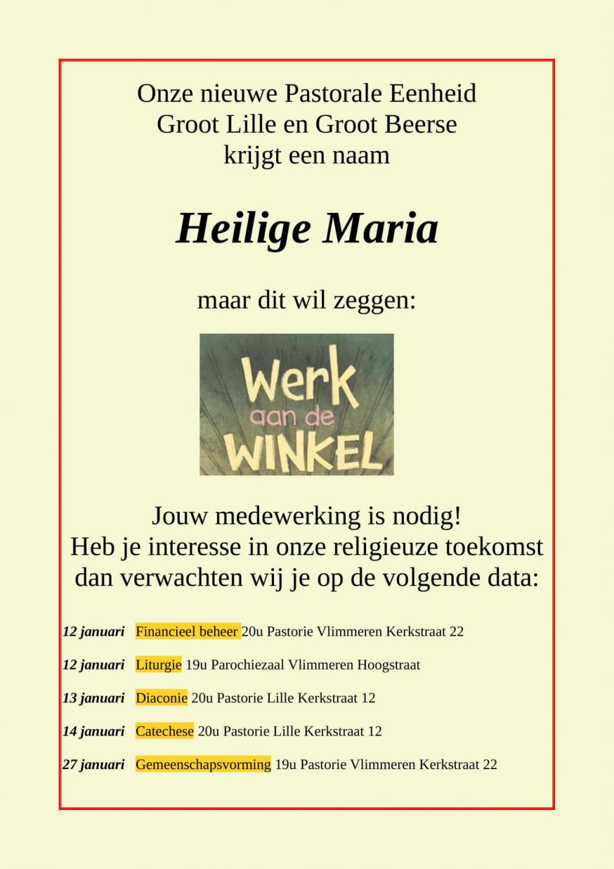 De data van de verschillende bijeenkomsten van de werkgroepen 