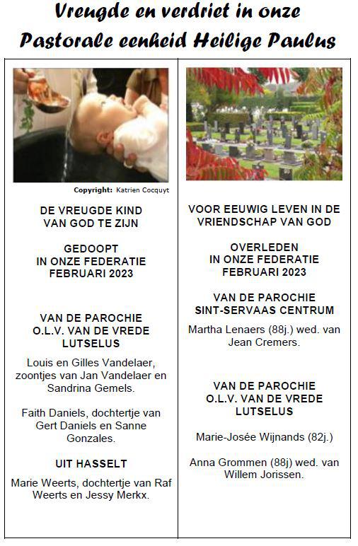 Vreugde en verdriet in onze Pastorale eenheid H. Paulus februari 2023 