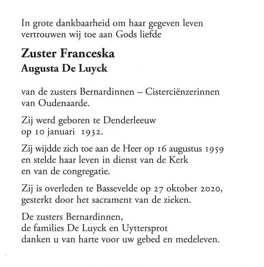 gedachtenisprentje zr Franceska © zrs Bernardinnen