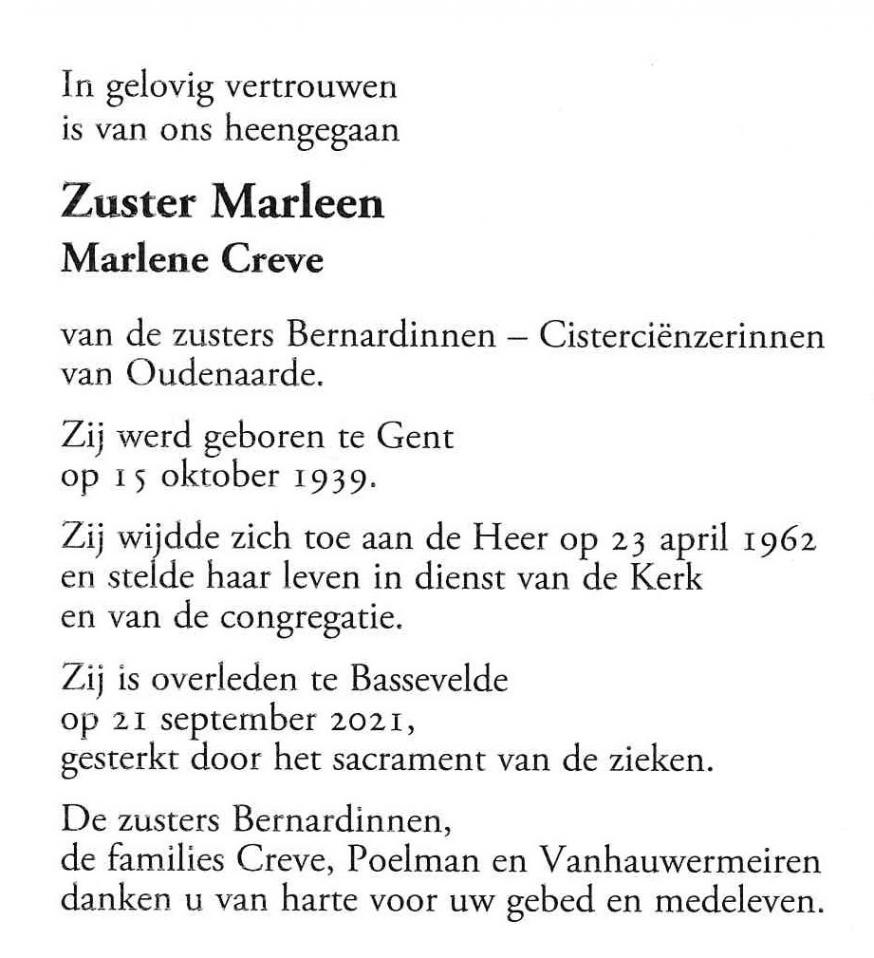 gedachtenisprentje zr Marleen © zrs Bernardinnen